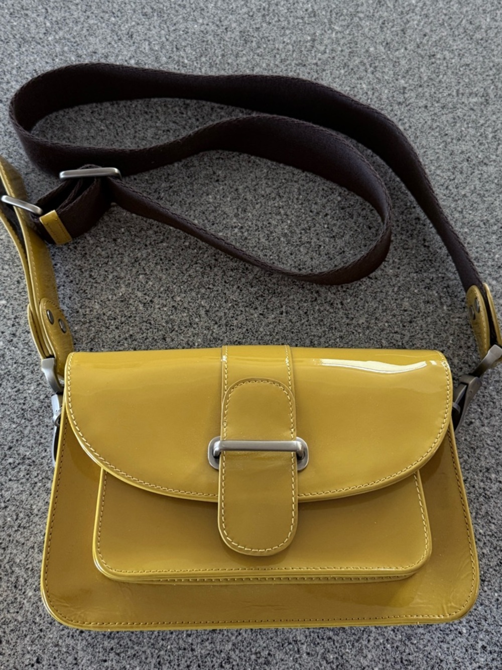 Glossy Yellow Patent Crossbody Bag with Brown Strap